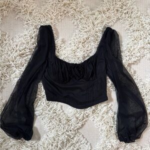 2/$25 SALE - Lulu's Black Sheer Sleeve Cropped Blouse
